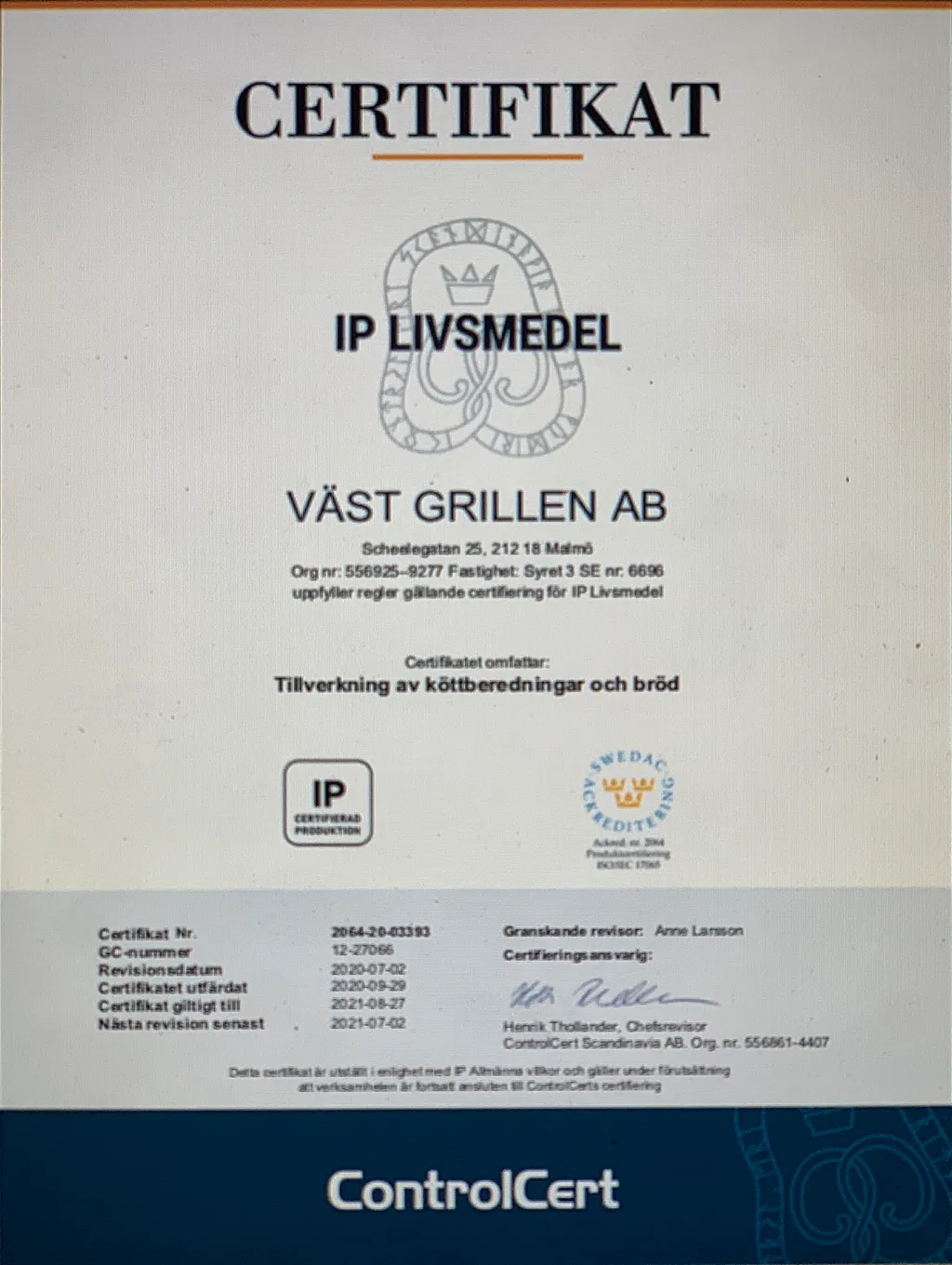 Väst Grillens Certifikat